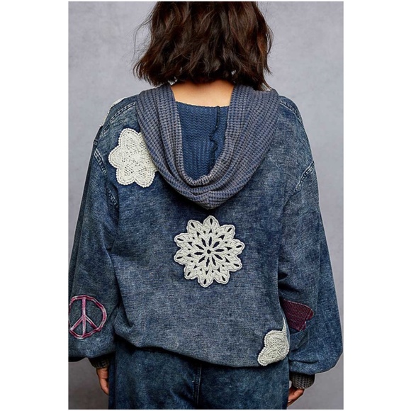 POL Mineral Wash Blue Cotton Peace Heart Smiley Patch Zip up Jacket - Picture 3 of 5